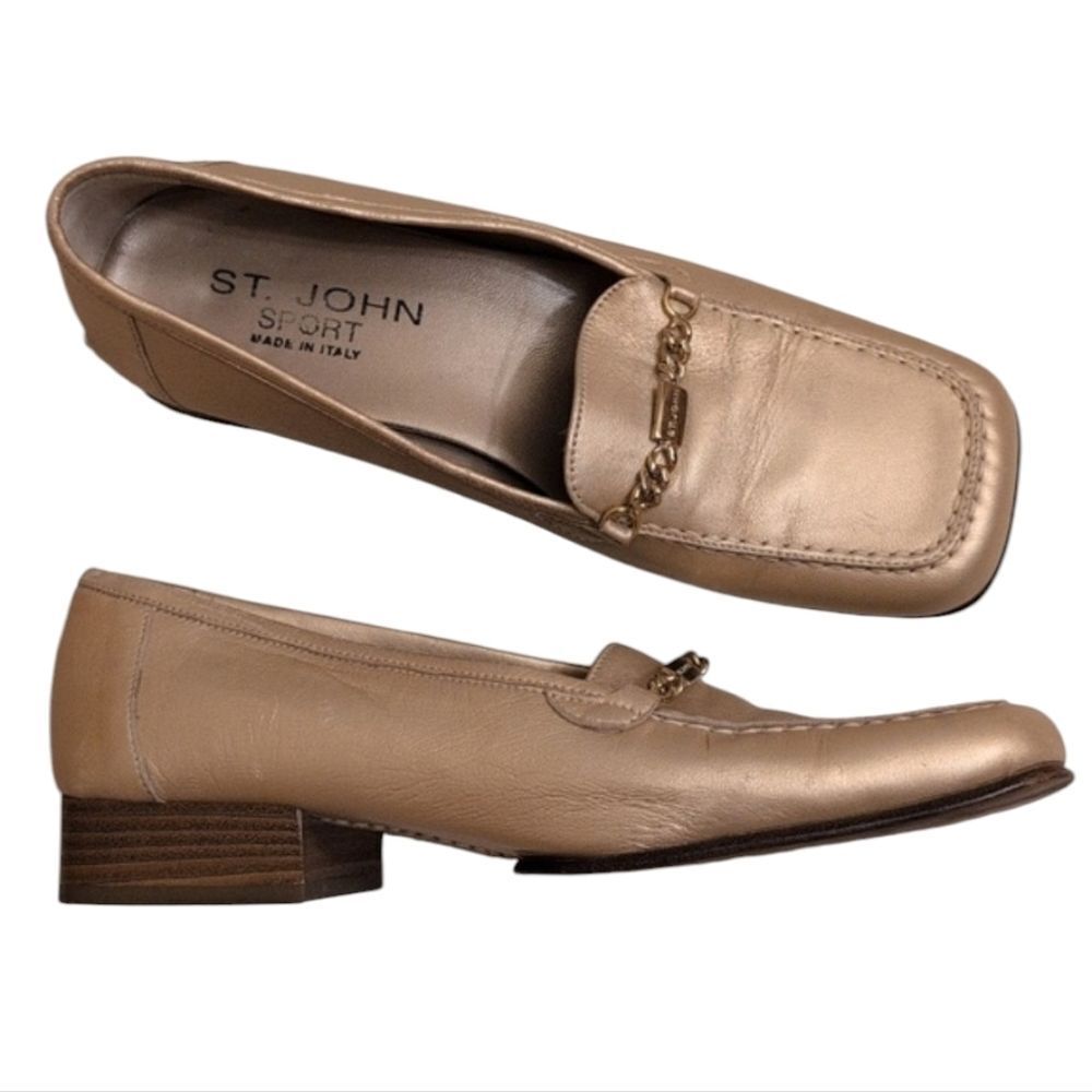 St. John Square Toe Loafers Gold Metallic Leather Slip On Size 6